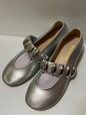 Silver Metallic Mary Jane Flats 8.5 Women